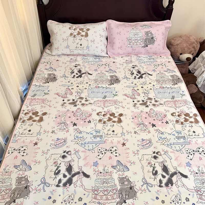 梨梦 喵喵日记 可爱冰丝凉席三件少女心床笠款夏季可机洗可折叠,淘宝优惠券,粉丝福利购,淘宝优惠卷