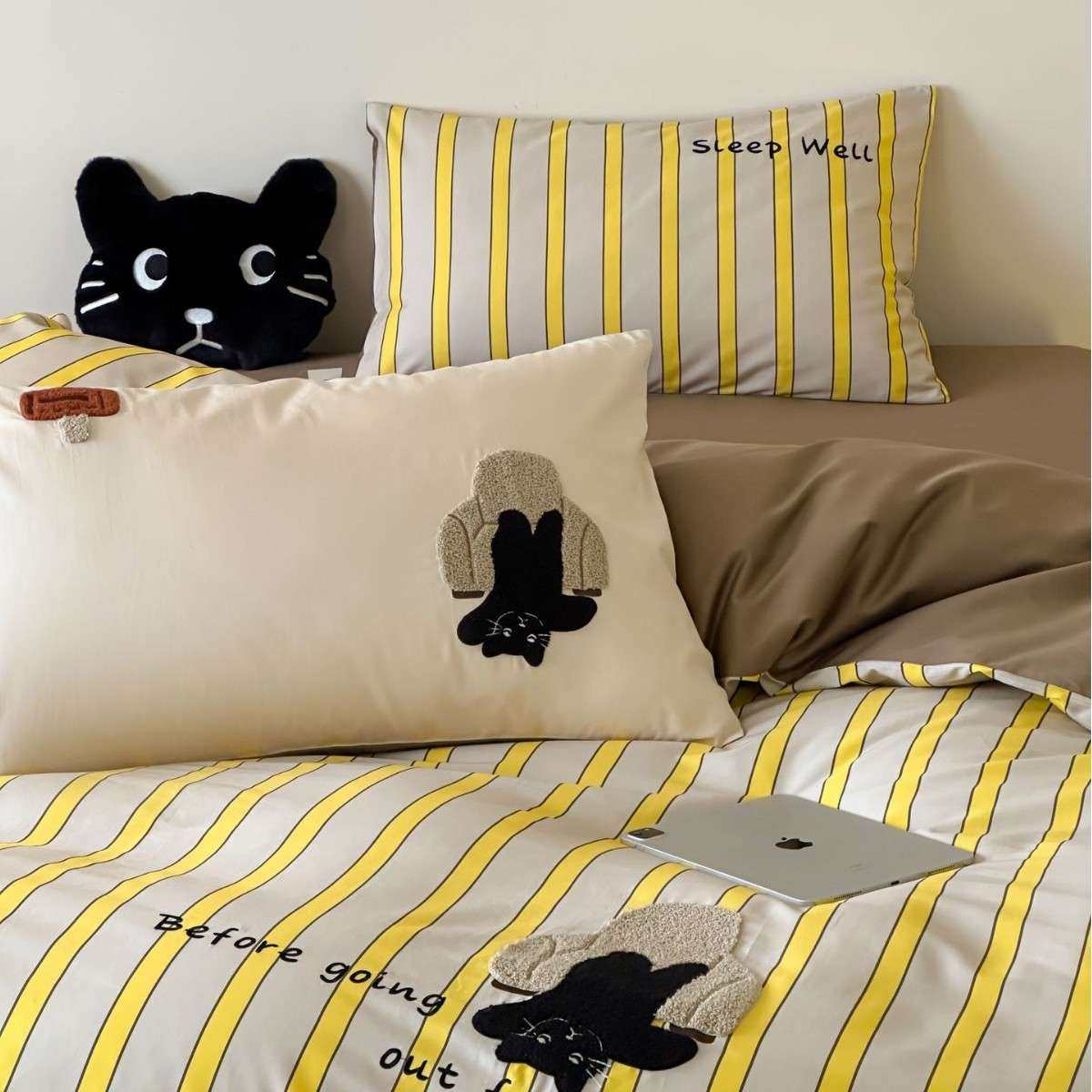 可爱小猫全棉儿童刺绣条纹四件套被套床单款小清新高端轻奢床品,淘宝优惠券,粉丝福利购,淘宝优惠卷