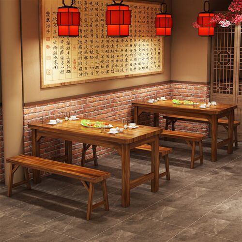 实木碳化快餐桌椅小吃饭店大排挡桌椅烧烤食堂早餐店桌椅组合4人 - 图1