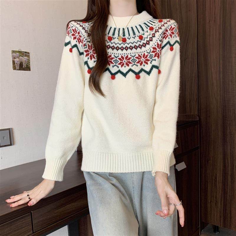 大码女装新品圣诞新年红色费尔岛毛衣秋冬复古提花软糯针织衫上衣,淘宝优惠券,粉丝福利购,淘宝优惠卷