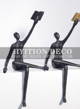 现代创意金属抽象人物看书雕塑摆件样板房售楼处客厅玄关软装饰品