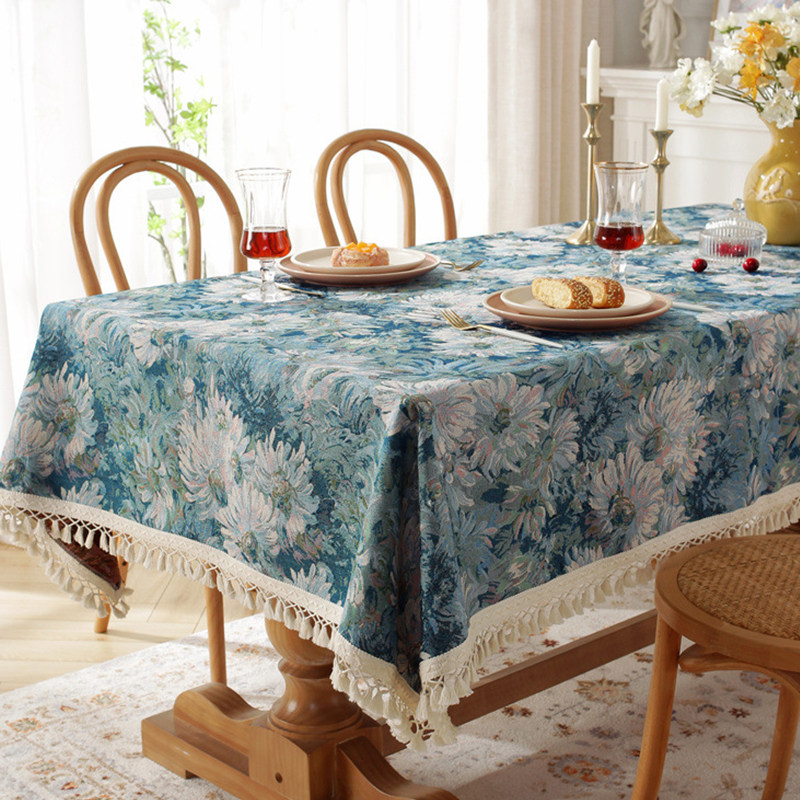 轻复古提花油画感餐桌布雏菊大流苏桌布长方形茶几台布圆桌布艺,淘宝优惠券,粉丝福利购,淘宝优惠卷