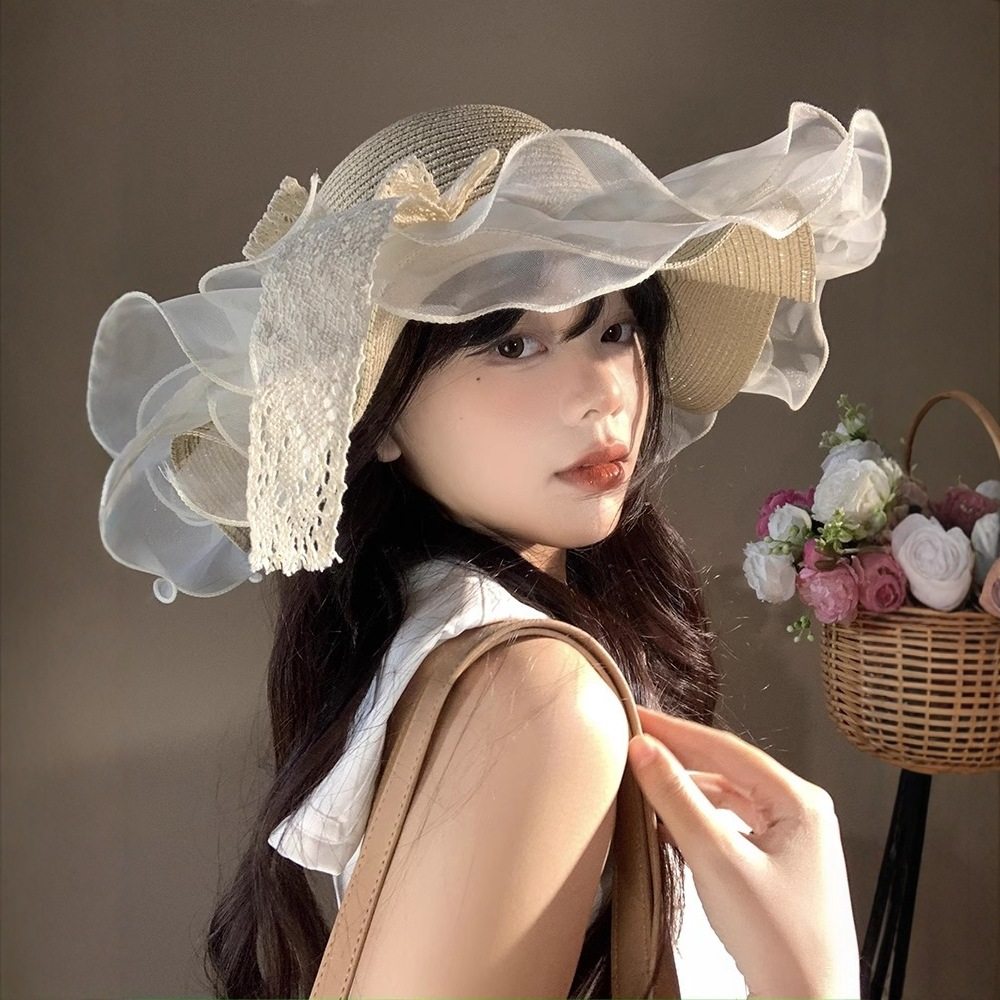 法式蕾丝结草帽女夏季大帽檐遮阳防晒帽海边沙滩度假太阳帽子,淘宝优惠券,粉丝福利购,淘宝优惠卷