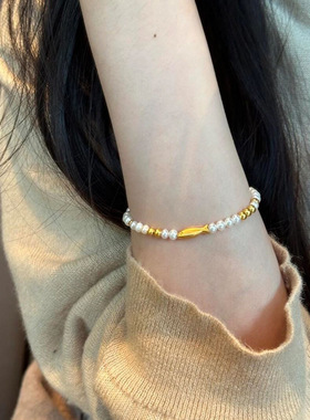 古法仿真金电镀小黄鱼手链女轻奢小众高级感串珠珍珠手串网红手饰