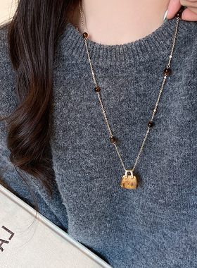 韩国博主同款虎眼石黑曜石包包项链钛钢叠戴颈链小众高级感秋冬配