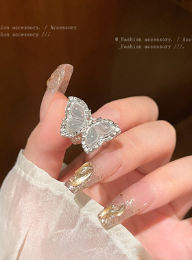 轻奢小众蓝色锆石水晶碎钻戒指开口可调节食指戒网红同款手饰