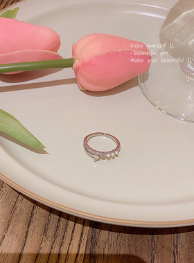 in潮高级设计感双层锆石爱心戒指女轻奢小众开口珍珠食指戒指环