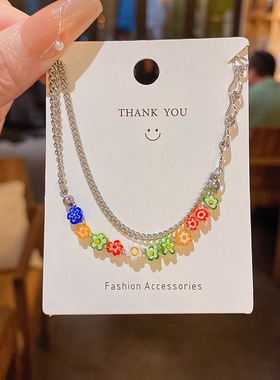 韩国新款小清新简约亚克力花朵钛钢手链女in潮可爱气质双层手串