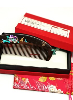 厂家直供牡丹小鸟檀木梳子直发按摩家用送礼螺钿镶嵌彩绘梳檀木梳