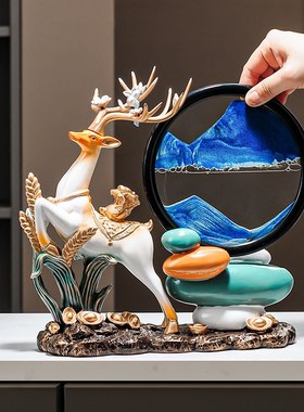 入户玄关吉祥物鹿流沙画摆件客厅高级感石来运转电视柜酒柜装饰品