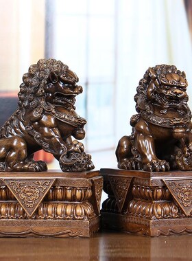 宫门木纹狮子摆件一对大号工艺品创意中式装饰品仿木雕狮摆设动物