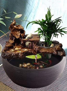 循环流水增氧鱼缸鱼盆圆形瀑布喷泉造景陶瓷家用装饰品摆件