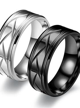 Mens Silver Color Black Stainless Steel Ring Groove