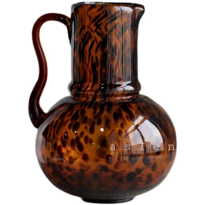出口欧美单手工制作豹纹斑点焦糖彩色玻璃花瓶单耳壶形插花器摆件,淘宝优惠券,粉丝福利购,淘宝优惠卷
