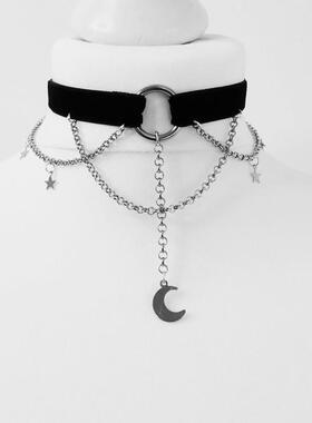 Goth Tattoo Inverted Crescent Sretchy Chain Choker Black Moo