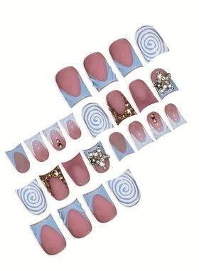 24pcs Short Duckbill False Nails Wearable Blue French Fake N