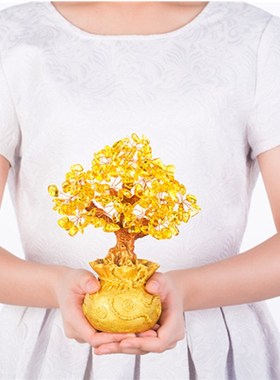 摇钱树电视柜名旺招财树黄水晶创意装饰品客厅电视柜摆件招财树