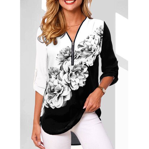 V-neck Zipper Plus Size Women Long Sleeve Sleeve Loose Shirt - 图2