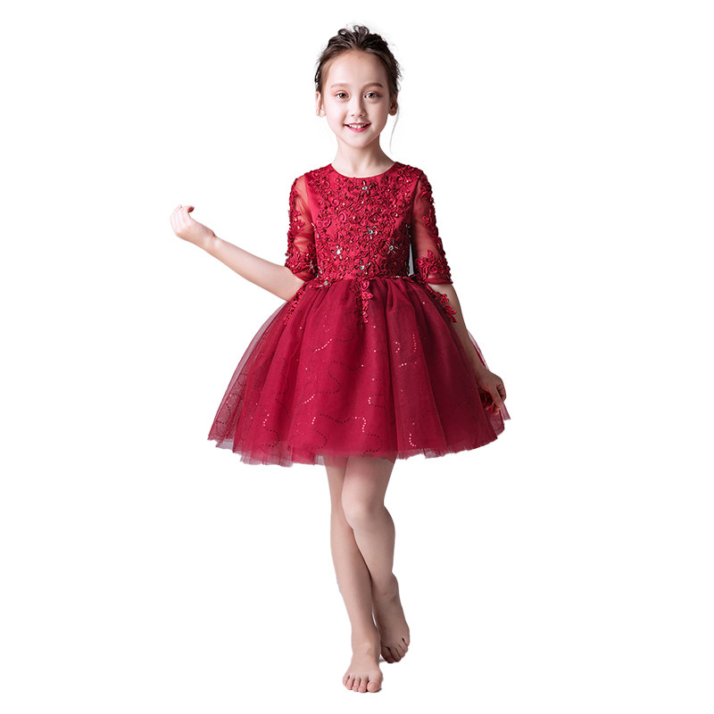 红色公主裙女童生日小女孩花童婚纱礼服儿童主持人钢琴演出服长袖,淘宝优惠券,粉丝福利购,淘宝优惠卷