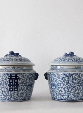 手绘喜字陶瓷青花瓷复古茶叶罐插花仿古中式客厅博古架装饰摆件