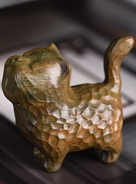 玄同绿檀锤纹猫傲娇猫小把件绿檀猫文玩木雕刻工艺品实木小摆件