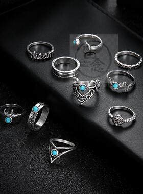 。Crescent Turquoise joint ring Bohemian 10 piece combinatio