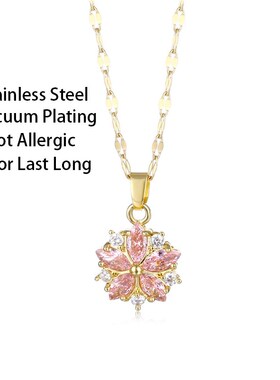Korean Fashion Pink Crystal Sakura Pendant Stainless Steel N