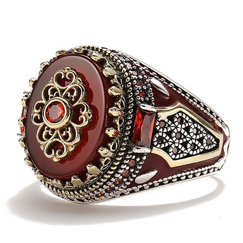 Retro Luxury Natural Red Stone Turkish Handmade Crown Ring I - 图0