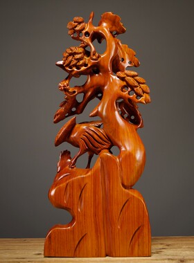 花梨木雕松鹤延年摆件客厅家居寓意装饰工艺品摆设生日贺寿送礼品