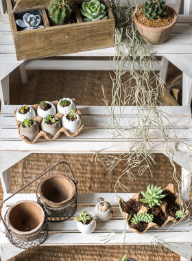 田园实木阶梯花架 多层楼梯台装饰陈列架 阳台花园客厅多功能摆件