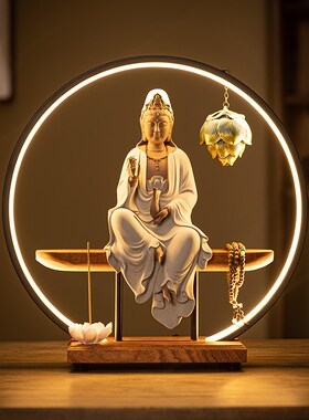 大号观音菩萨家用供奉观音佛像陶瓷摆件供家用观世音菩萨像背景灯