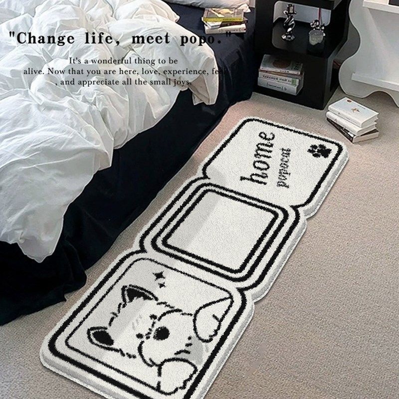 奶油风卧室地毯黑白高级感女孩房间床边毯主卧仿羊绒长条床前地垫,淘宝优惠券,粉丝福利购,淘宝优惠卷