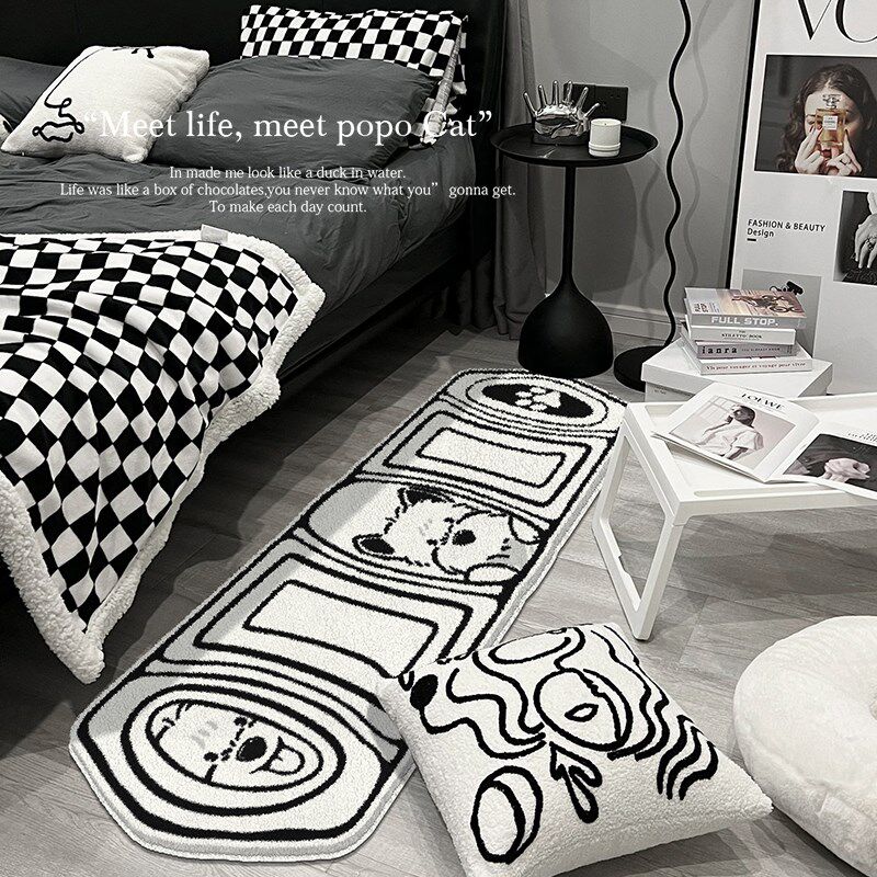 奶油风卧室地毯黑白高级感女孩房间床边毯主卧仿羊绒长条床前地垫,淘宝优惠券,粉丝福利购,淘宝优惠卷