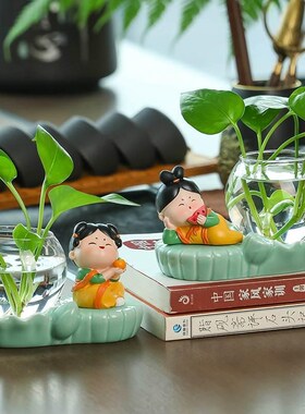 新款办公桌家居饰品水养绿萝花瓶古风唐朝侍女家居摆件花瓶花盆器