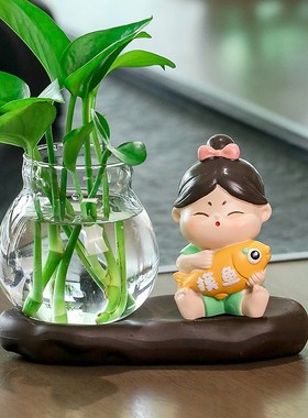 田园唐仕女摆件客厅小摆件绿萝水培花盆器皿花瓶插花创意植物花器