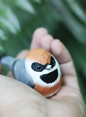 鹿妖商店 肥啾 木雕小鸟 礼物 红头长尾山雀 纯手工 实木桌面摆件