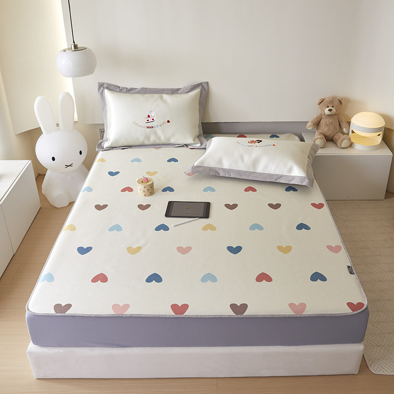 少女心夏季冰丝凉席三件套可水洗爱心印花刺绣床笠款空调软席1.8m,淘宝优惠券,粉丝福利购,淘宝优惠卷