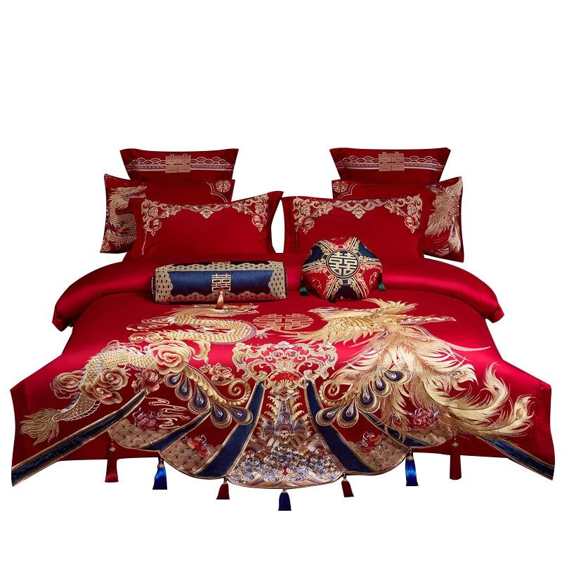 新婚庆四件套长绒棉高级绣花红色全纯棉贡缎喜被套婚房床品十件套,淘宝优惠券,粉丝福利购,淘宝优惠卷