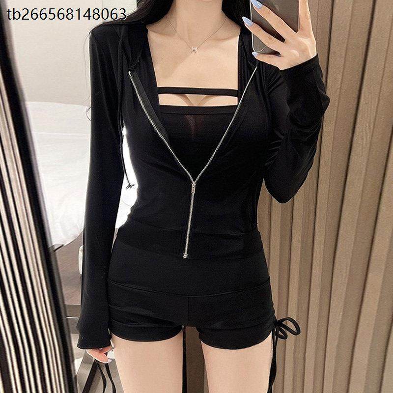 穿搭纯欲性感抹胸上衣卫衣连帽长袖短外套修身开衫辣妹两件套装女,淘宝优惠券,粉丝福利购,淘宝优惠卷