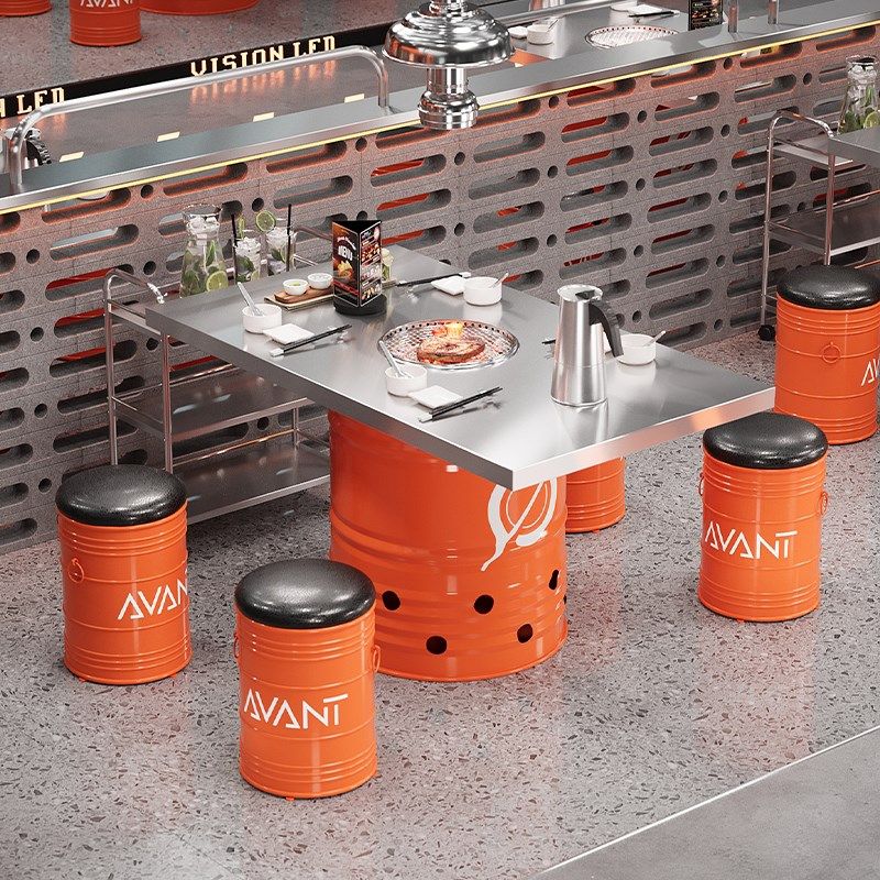 工业风不锈钢烤肉桌火锅桌韩式烧烤店餐饮店圆形复古油桶桌椅组合,淘宝优惠券,粉丝福利购,淘宝优惠卷