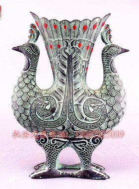 仿古青铜摆件青铜双凤杯酒樽吉祥鸟尊花瓶古玩装饰工艺品花插笔筒
