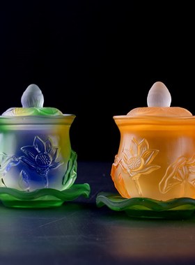 供奉佛前杯玻璃圣水杯仿琉璃莲花供杯敬水净水杯观音菩萨贡杯摆件