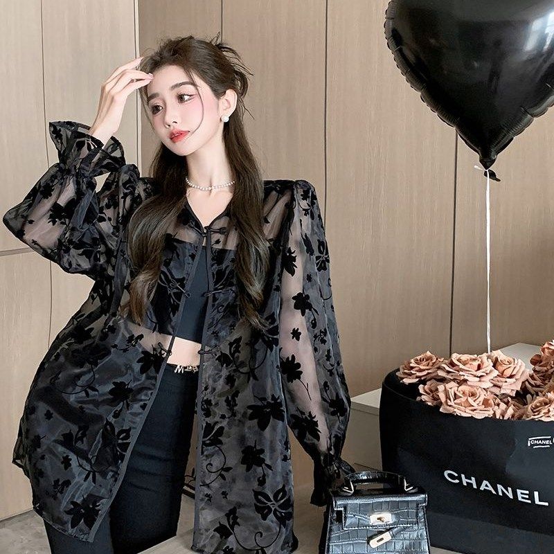 衬衫女夏季新款复古风提花防晒衣新中式盘扣长袖网纱外套上衣缎面,淘宝优惠券,粉丝福利购,淘宝优惠卷