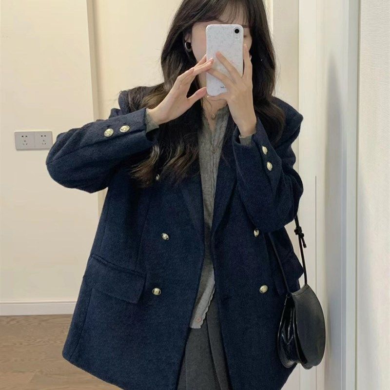 秋冬复古高级感港风藏蓝色小个子搭配显高呢子大衣毛呢外套女短款,淘宝优惠券,粉丝福利购,淘宝优惠卷