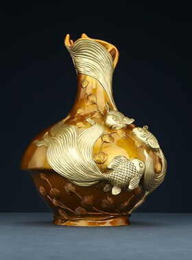 铜欣祥黄铜年年有余花瓶摆件家居办公室装饰品新中式开业乔迁礼品