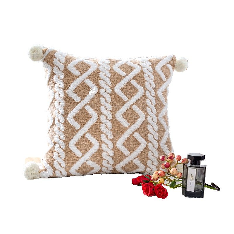 白色毛绒带毛球抱枕套女孩房客厅沙发50x50坐垫靠垫套不含芯,淘宝优惠券,粉丝福利购,淘宝优惠卷