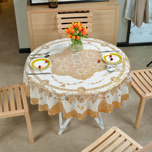 圆形防水防油防烫免洗桌布 大圆餐桌盖布欧式pvc烫金印花塑料台布 - 图0