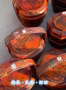 民俗老物件木提盒食盒圆形中式怀旧老旧提盒木食盒饭店装饰提饭盒