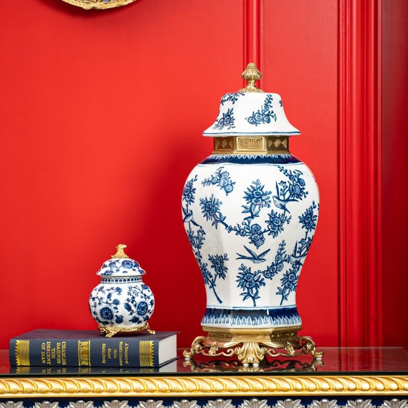 古典青花陶瓷配铜将军罐欧式客厅玄关奢华摆设高档软装工艺品摆件,淘宝优惠券,粉丝福利购,淘宝优惠卷