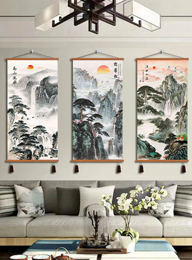 迎客松山水装饰画招财竖版风景靠山卷轴挂画背景墙客厅玄关画国画